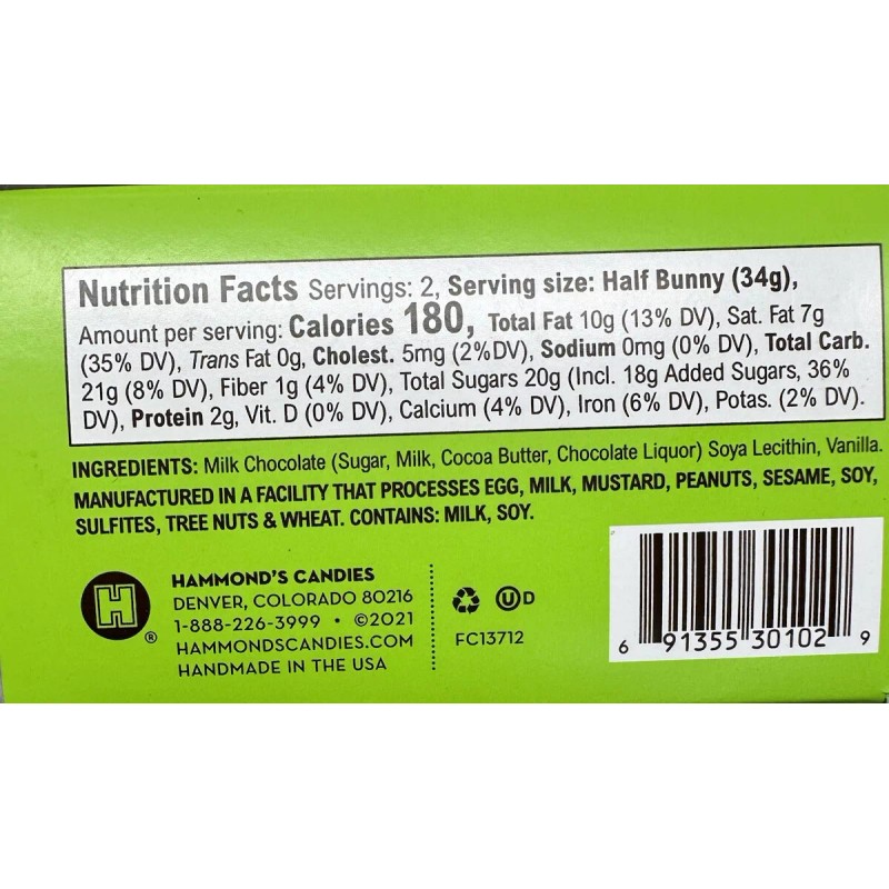 Hammond’s Chocolate Bunny Solid Milk Chocolate Made In Colorado. 2.4oz/68g