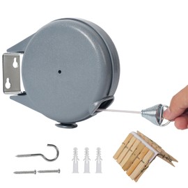 Retractable Clothesline - Heavy Duty Laundry Line with 12 Wood Clips, 49 FT Adjustable Clothesline for Indoor Outdoor, Portable Automatic Retractable Mechanism Clothesline