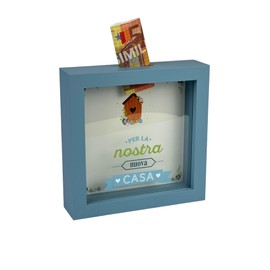 Salvadanaio Decorativo in Legno, Tema Nuova Casa, 16x16 cm, Blu