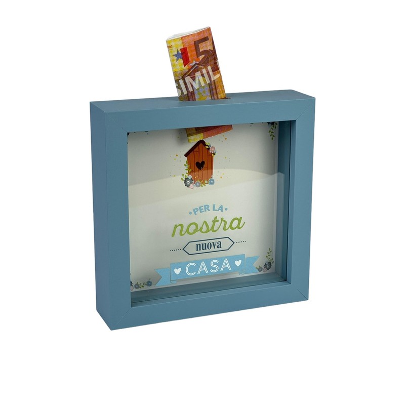 Salvadanaio Decorativo in Legno, Tema Nuova Casa, 16x16 cm, Blu