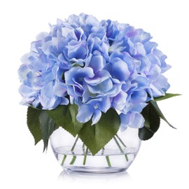 ENOVA HOME Artificial Silk Hydrangea Flowers Arrangement in Clear Glass Vase for Home Wedding Decoration (Blue)