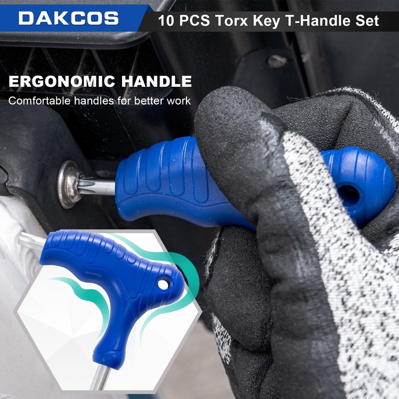 DAKCOS 10 Pcs T-Handle Torx Wrench Set, T9-T50 Star Key
