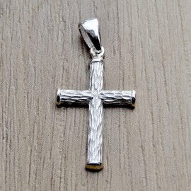 Cross Pendant Sterling Silver 925 Wood Textured Religious Unisex Jewelry