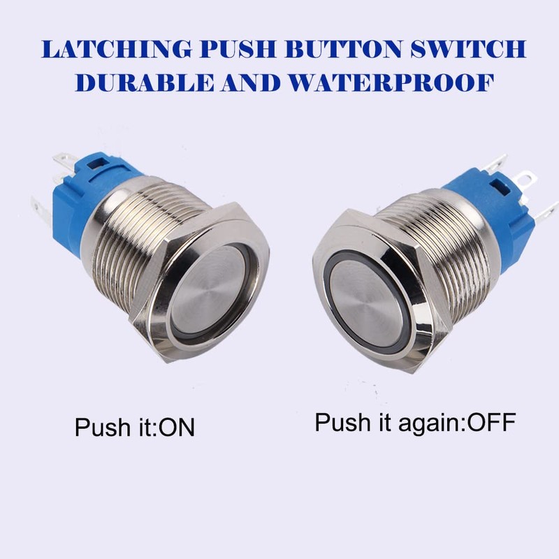 JIQI 2Pcs 19mm 0.75'' Latching Push Button Switch 12V-24V Waterproof