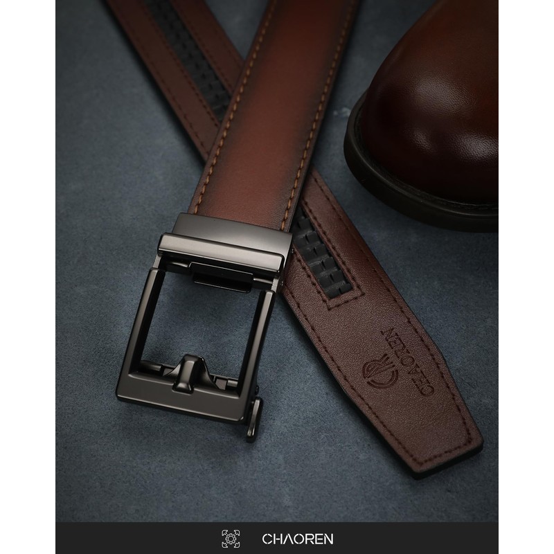 CHAOREN Men's Automatic Belt, Leather Belt, Ratchet Without Holes for