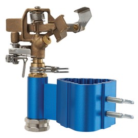 Post-Mount Sprinkler with Brass Impulse Head – Adjustable Watering Patterns, Covers up to 70 Feet, Mounts on T-Post, U-Post, or Round Post up to 1.5 Inches in Diamater, Metallic Blue