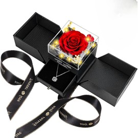 "I Love You" Eternal Rose Necklace Gift Set – Real Preserved Red Flower in Elegant Jewelry Box Birthday,Wife, Mom, Grandma (Luxury Keepsake for Her)
