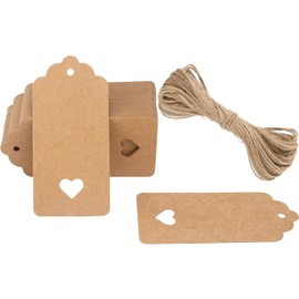 G2PLUS Brown Gift Tags with Heart, 50PCS Blank Paper Tags with String, Gift Tags for Valentine's Day4.5x9.5CM Large Gift Labels for Wedding Favors, Craft Paper Tags for Presents, 300g/m²