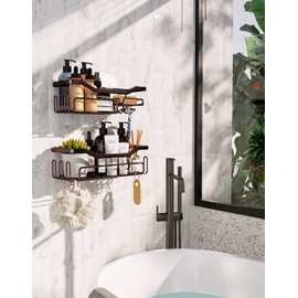 HapiRm Adhesive Shower Caddy Shower Organizer Shelf Build in Shampoo Holder, No Drilling Rust Proof Stainless Steel Shower Storage Rack with 11 Hooks for Hanging Shower Ball and Razor- Bronze