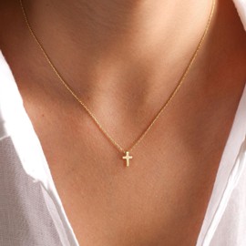 HANLI Cross Chain Gold Women's - 14k Gold Plated / Silver Rhodium Plated Delicate Minimalist Small Cross Necklace for Women Christian Jewellery Gift Necklace Trendy Elegant, Copper, No Gemstone