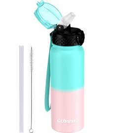 GOPPUS 600ml/20oz Stainless Steel Water Bottle with Straw Insulated Sports Bottle Cold Flask with Straw Double Walled Flip up Metal Water Bottles Leakproof Water Bottle for Gym Sports