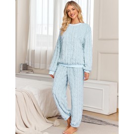 BAJAOEY Pajamas Sets for Women Soft Comfy Fluffy Pajama Fleece Pullover Ribbed Pjs Warm Plush Lounge Sleepwear Light Blue