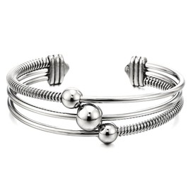 COOLSTEELANDBEYOND Three Rows Stainless Steel Elastic Adjustable Women's Charm Bracelet Open Bangle with Steel Cable and Ball Charm, Stainless Steel, Non-applicable