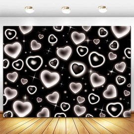 Qian Early 2000s Themed Backdrop for Photography 7x5ft 90s Birthday Party Decoration Black Love Heart Old School Photo Background Valentines Day Photoshoot Banner