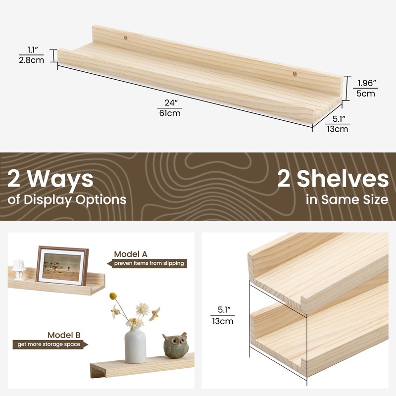 Picture Ledge Shelf, 24 inch Solid Wood Floating Shelves, Picture