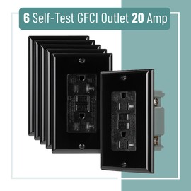 Bates- Self-Test GFCI Outlet 20 Amp, 6 Pack, 20 Amp GFCI Outlet Black with LED Indicator and Wall Plate, UV-Resistant, UL Listed