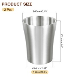 uxcell 2 Pcs 304 Stainless Steel Cup, 9.46oz/280ml Double Wall Water Cup Shatterproof Metal Drinking Tumbler for Bar Restaurant Silver