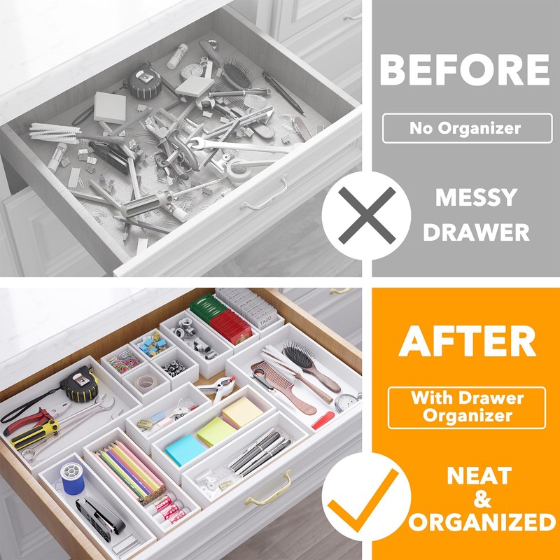 SpaceAid 14-Piece Bamboo Drawer Organizer Storage Boxes Set, Wood Tray