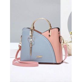 Colorblock Pu Leather Handbags for Women, Elegant Fashion Zipper Shoulder Bag with Heart & Tassel Charm, Handbag for School, Casual Trendy Versatile High-quality Daily Commuting Bag, Mother's Day Gift:_Blue_Please Refer To The Pictures for Dimensions