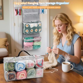 Aeelike Hanging Yarn Storage Organizer, Large Capacity Knitting Storage Bag Organiser with 6 Clear Compartments, Over The Door Yarn Storage, Detachable Knitting Bags for Wool and Needles Storage