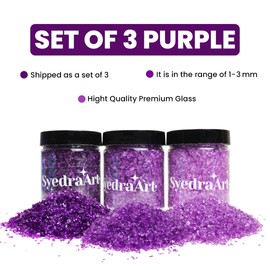 Syedra Crushed Glass Glitter, 1-3 mm Set of 3, Small Broken Glass Pieces for DIY Vase Filler Decoration 1LB (Purple)