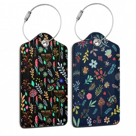 Abstract Small Flowers Luggage Tags for Suitcases, 2 Pack Cute PU Leather Suitcase Tag Identifiers with Address Card for Baggage Tag