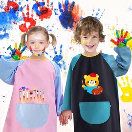 Weploda Pack of 2 Children's Painting Aprons, Painting Suit Children for Age 6-12 Years, Adjustable Craft Apron, Long Sleeves, Cartoon Painting Apron, Children, for School Art, Painting, Cooking,