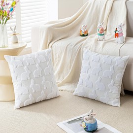 KOOLIFE Velvet Easter Bunny Throw Pillow Covers 18x18 Set of 2 White Rabbit Embroidery Decorative Pillow Cover for Spring Easter Decorations Indoor Cushion Cover for Home Couch Sofa Bedroom Livingroom