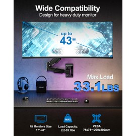 ErgoFocus Monitor Wall Mount for Max 43", Premium Single Wall Monitor Mount Holds up to 33.1lbs Ultrawide Computer Screen, Height Adjustable Full Motion Gas Spring Vesa Wall Mount, Max 200x200mm