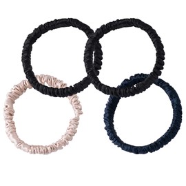 Silk Scrunchie, 100% Pure Mulberry Silk Scrunchie Small Slim Hair Tie for Women Silk Scrunchies for Thin Thick Curly Hair Luxurious Elastic Scrunchies Set (4 Scrunchies, 2black+1blue+1cream)