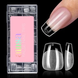 AILLSA Puntas de uñas postizas extracortas tipo ataúd: 15 tamaños, 120 unidades, semimate, preformadas, cobertura total, transparentes, con gel para s
