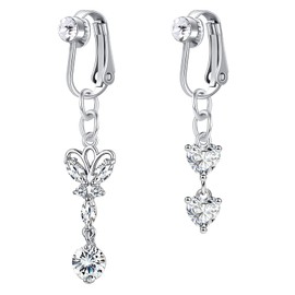 VCMART 2 Silver Clip On Belly Button Piercing Fake Piercing Belly Button Clamp Rings with Butterfly Heart, Stainless Steel