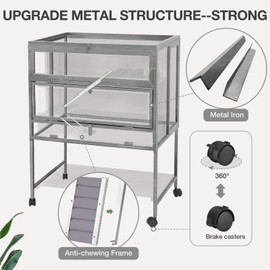 MEDEHOO Guinea Pig Cage, Moveable Metal Frame Hamster Cage Anti-Chewing with Aluminium Alloy Edge, Hideouts, Ramps, Seesaws Chewing Toy, Deeper Pull-Out Leakproof Tray for Indoor Outdoor(Grey