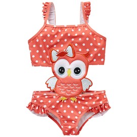 CRAZY GOTEND Girls Swimsuits Cute Owl One Piece Swimwear Ruffle Bathing Suit for Kids 6-7Years
