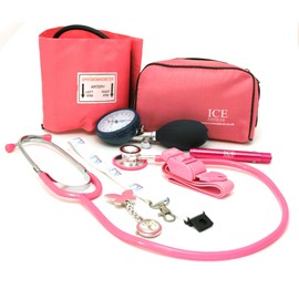 Aneroid Blood Pressure Sphygmomanometer Monitor, Stethoscope, Pen Light (Pen Torch), Tourniquet, Nurse Watch, Lanyard ID Card Holder - Starter Set (Pink with Butterfly Watch)