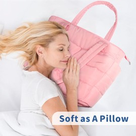 TOPDesign Puffer Tote Bag for Women, Lightweight Puffy Handbag with Compartments & Cosmetic Bag, Quilted Shoulder Bags for Work, Travel, Gym, Gifting (M Hot Pink)