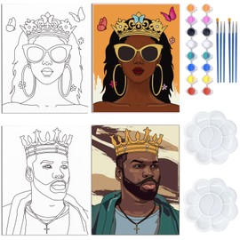 WEBEEDY 2 Pack Canvas Painting Kits Pre Drawn Stretched Canvas Painting for Adults 20x25cm Afro Queen King Couple Painting Kit Date Night Game Party Supplies Paint Art Set for Valentine's Day Gift