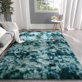 Pettop Fluffy Tie-Dye Peacock Blue Rug for Bedroom Living Room, 5x8 Feet Rectangle Large Rug Plush Fuzzy Carpet for Girls Kids Boys, Non-Slip and Washable Rug for Nursery Classroom Decor Rug