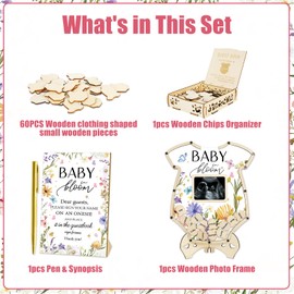 JarThenaAMCS 65Pcs Baby Shower Guest Book Cloth Shaped Baby in Bloom Guestbook Alternative with Wood Slices Storage Box Photo Frame Pen for Sonogram Photo Keepsake, DIY Required