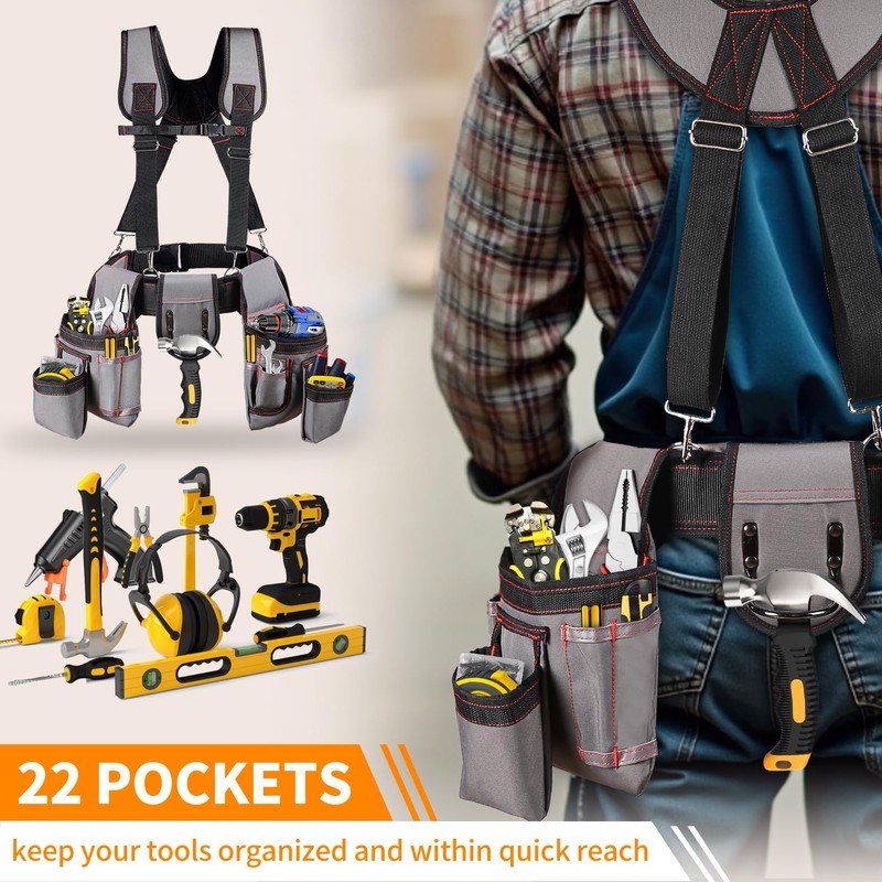 Tool Belt With Suspenders, 22 Pockets Tool Bags, Multi-Functional Adjustable