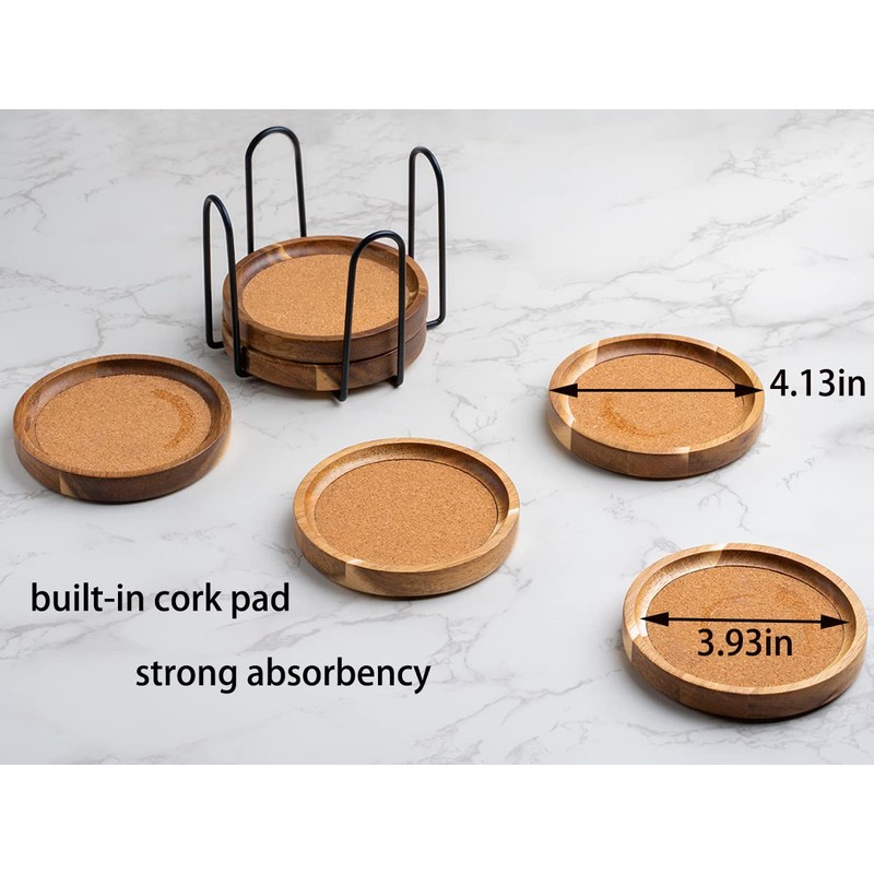 WLWNWFT Coasters for Drinks Absorbent with Holder, Acacia Wood Cork