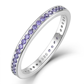 YL Women's Stackable Ring 925 Sterling Silver Stacked Rings 1.25mm Birthstone Eternity Bands, Metal, Amethyst