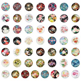PH PandaHall 50 Styles Flower Glass Cabochons 12mm Floral Pattern Oval Glass Cabochons Flower Printed Cabochon Vintage Mosaic Tiles for Photo Pendant Earring Necklace Keychain Jewelry Making