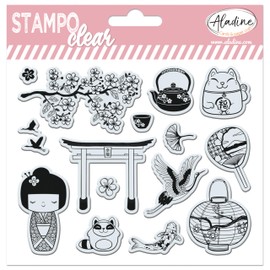 Aladine - Stampo Clear Japan - 15 Clear Stamps for Scrapbooking Card Creative Hobbies - Cherry Blossoms Cat Maneki Neko Koi Carp Asian - 04243