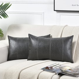 Fancy Homi 2 Packs Dark Gray Lumbar Faux Leather Decorative Throw Pillow Covers 12x20 Inch for Outdoor Couch Bed, Modern Farmhouse Boho Home Decor, Grey Hand Stitched Cushion Case 30x50 CM