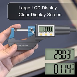 HDLNAK - Micrómetro digital, herramienta de medición de precisión, micrómetro exterior, 0-1"/0-25 mm, pulgadas/métrico 0.00005"/0.001 mm, herramienta de medición de espesor maquinista, visualización