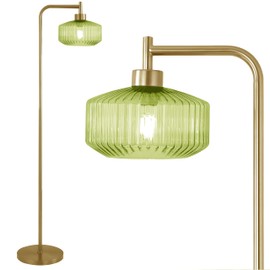 NanFeng Green Floor Lamp for Living Room,Mid Century Modern Standing Lamp Brass with Ribbed Green Globe Glass Lampshade Pedal Switch,Gold Tall Floor Lamps Vintage for Bedroom Study Room Art Deco Retro