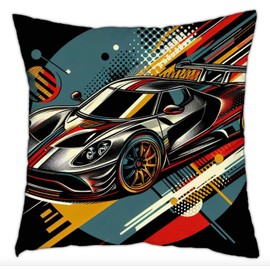 The Beach Stop Artistic Sports Car Accent Cushion Cover | Black Blue Gold & Red Multicoloured Car Theme Gift Idea | 45x45cm 18x18” | Black Sports Car