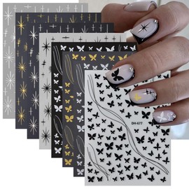 8Pcs Gold Silver Nail Stickers for Nail Art - 3D Butterfly Nail Stickers with Star Nail Design Sliders Black White Starlight Nail Decals Butterflies Sticker Nail Supplies for DIY French Manicure Decor