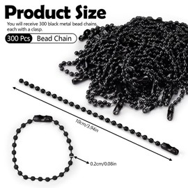 Sekonow 300Pcs Ball Bead Chain, 4" Long 2.4mm Diameter Ball Chain Key Chain with Connectors, Metal Beaded Chain Keychain Rings for Key Chains Making Crafts Dog Tag Chain, Black